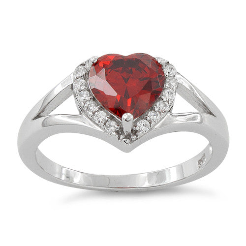 Sterling Silver Heart Shape Garnet CZ Ring