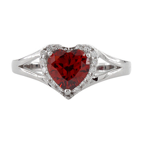 Sterling Silver Heart Shape Garnet CZ Ring