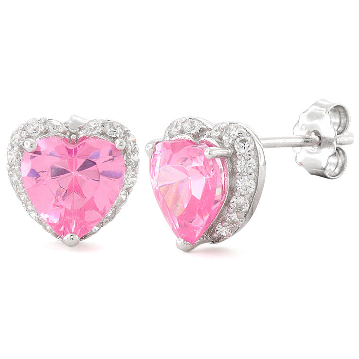 Sterling Silver Heart Shape Pink CZ Earrings