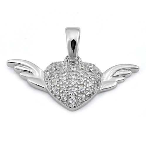 Sterling Silver Heart with Wings CZ Pendant