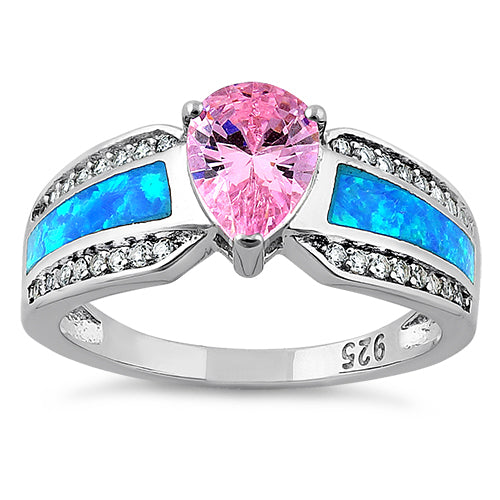 Sterling Silver Illustrious Blue Lab Opal & Pink Pear Cut & Clear CZ Ring