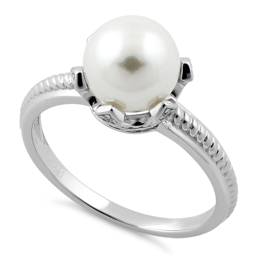 Sterling Silver King Crown Synthetic Pearl CZ Ring