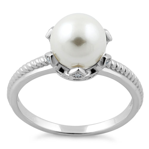 Sterling Silver King Crown Synthetic Pearl CZ Ring