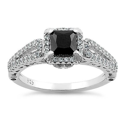 Sterling Silver Lavish Princess Cut Black CZ Ring