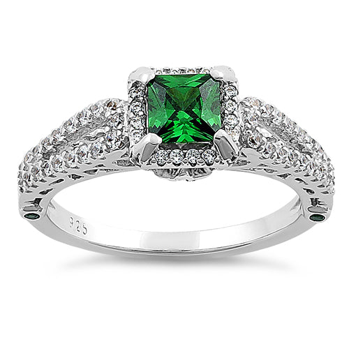 Sterling Silver Lavish Princess Cut Emerald CZ Ring