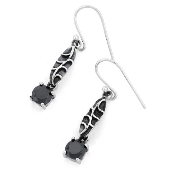 Sterling Silver Leaf Black CZ Oxidized Dangle Earrings
