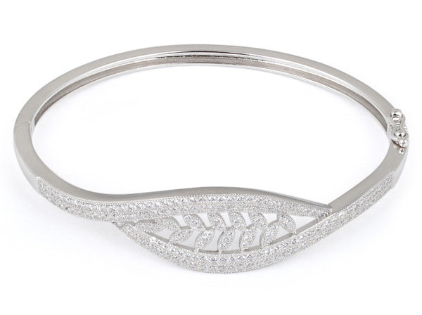 Sterling Silver Leaves Pave CZ Bangle Bracelet