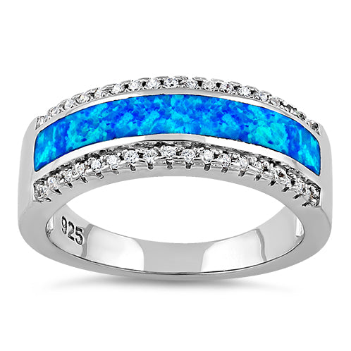 Sterling Silver Long Bar Blue Lab Opal CZ Ring