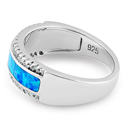 Sterling Silver Long Bar Blue Lab Opal CZ Ring