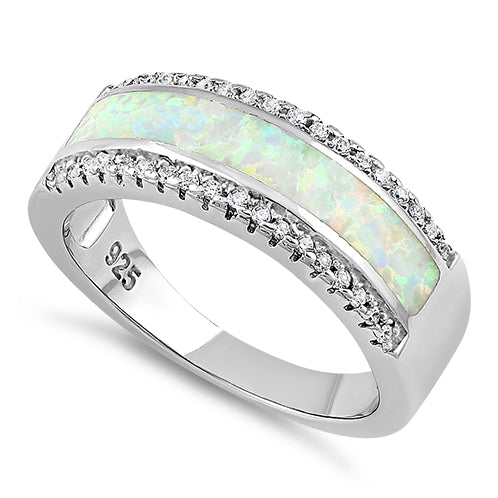 Sterling Silver Long Bar White Lab Opal CZ Ring