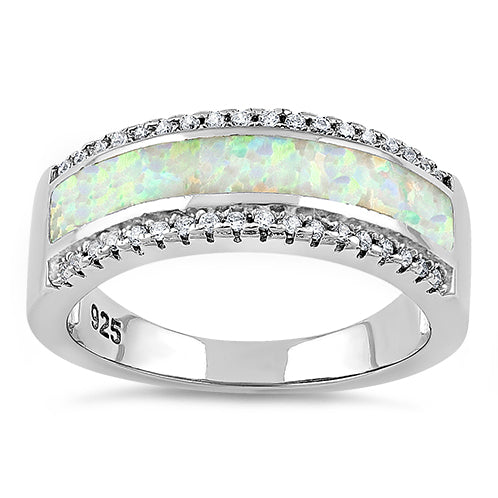 Sterling Silver Long Bar White Lab Opal CZ Ring