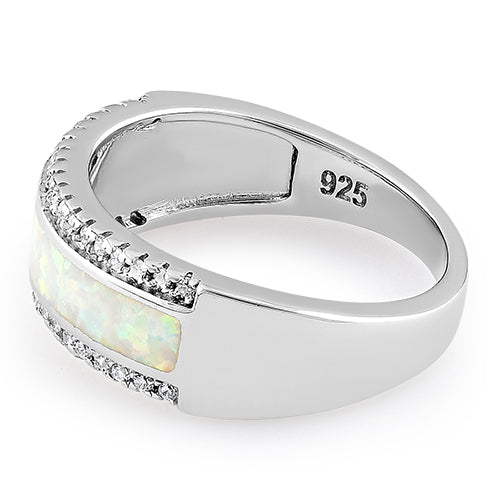 Sterling Silver Long Bar White Lab Opal CZ Ring