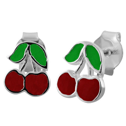 Sterling Silver Red Enamel Lucky Cherry Earrings