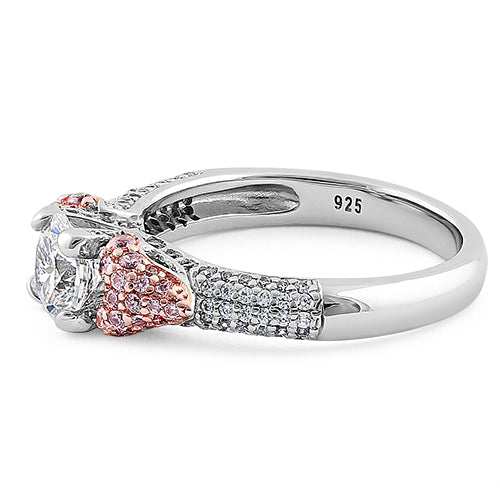 Sterling Silver Majestic Two Tone Rose Gold Plated Round Cut Clear & Pink CZ Ring