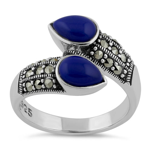 Sterling Silver Marcasite Pear Shape Blue Lapis Ring