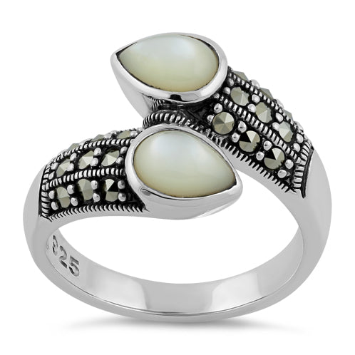 Sterling Silver Marcasite Pear Shape Mother of Pearl Ring