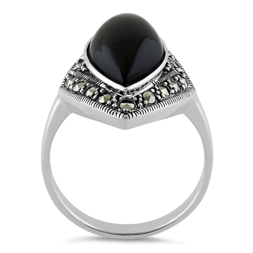 Sterling Silver Marquise Black Onyx Marcasite Ring