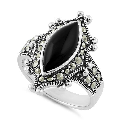 Sterling Silver Marquise Black Onyx Marcasite Ring