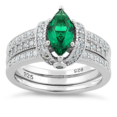 Sterling Silver Marquise Emerald Clear CZ Set Ring