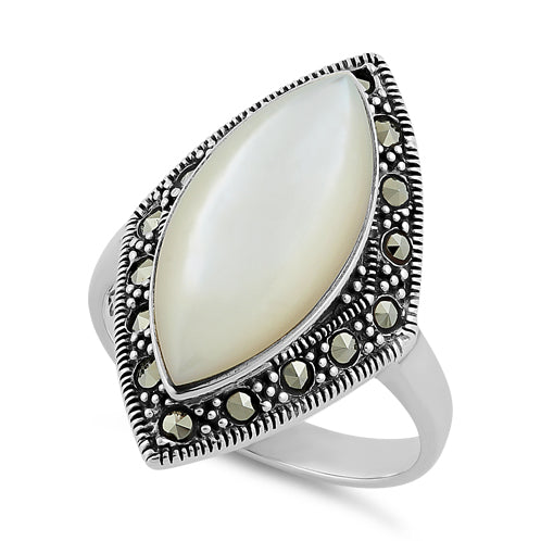 Sterling Silver Marquise Mother of Pearl Marcasite Ring