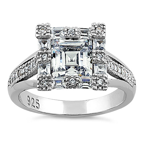 Sterling Silver Modern Asscher Cut Clear CZ Engagement Ring