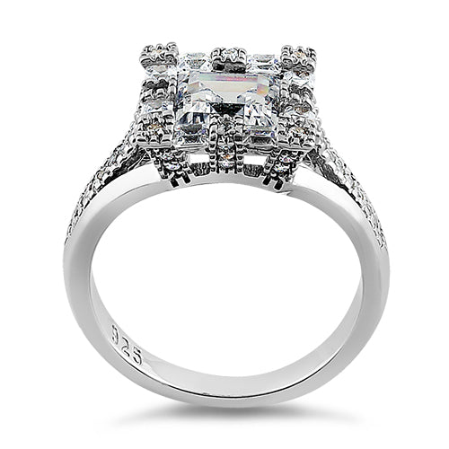 Sterling Silver Modern Asscher Cut Clear CZ Engagement Ring