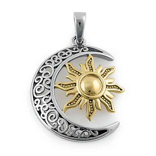 Sterling Silver Two-tone Bohemian Sun and Moon Pendant