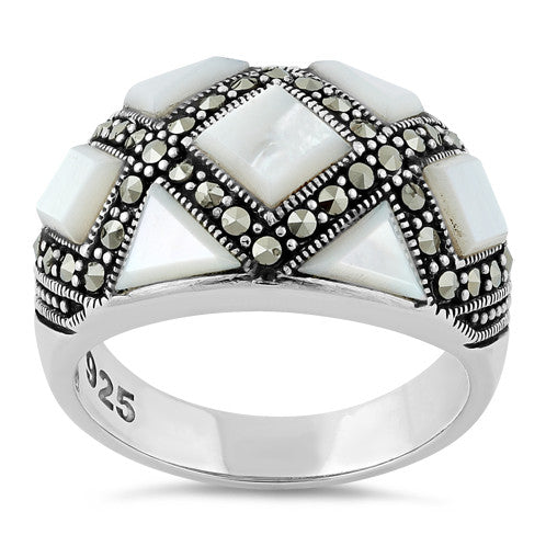 Sterling Silver Mother of Pearl Pattern Marcasite Ring