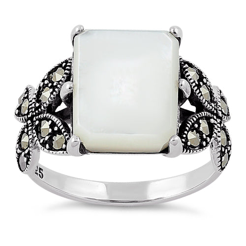 Sterling Silver Mother of Pearl Square Butterfly Marcasite Ring