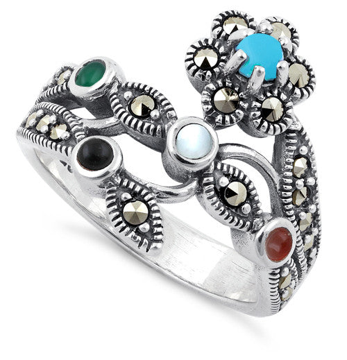 Sterling Silver Multi-Color Marcasite Ring