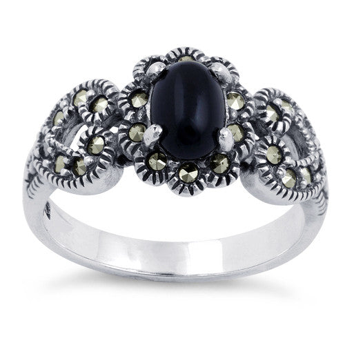 Sterling Silver Oval Black Onyx Flower Hearts Marcasite Ring