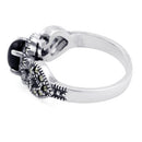 Sterling Silver Oval Black Onyx Flower Hearts Marcasite Ring