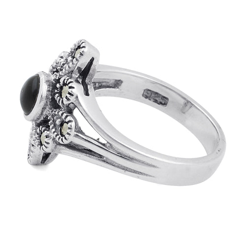 Sterling Silver Black Onyx Flower Marcasite Ring