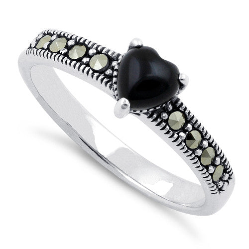 Sterling Silver Black Onyx Heart Marcasite Ring