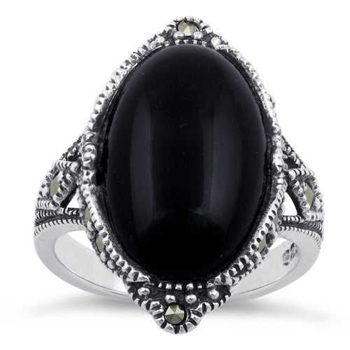 Sterling Silver Oval Black Onyx Marcasite Ring