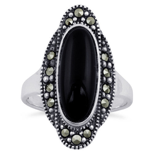 Sterling Silver Black Onyx Oval Marcasite Ring