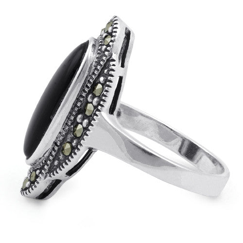 Sterling Silver Black Onyx Oval Marcasite Ring