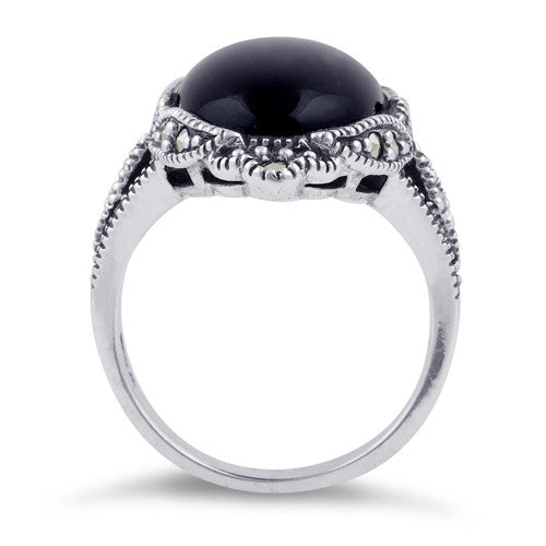 Sterling Silver Oval Black Onyx Marcasite Ring