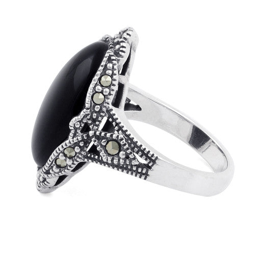 Sterling Silver Oval Black Onyx Marcasite Ring