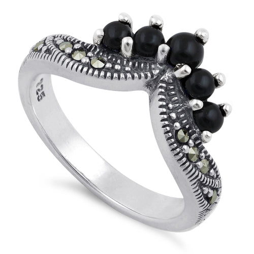 Sterling Silver Black Onyx Pointed V Marcasite Ring