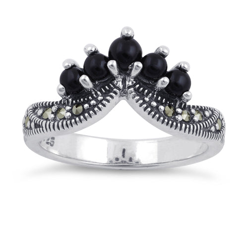 Sterling Silver Black Onyx Pointed V Marcasite Ring