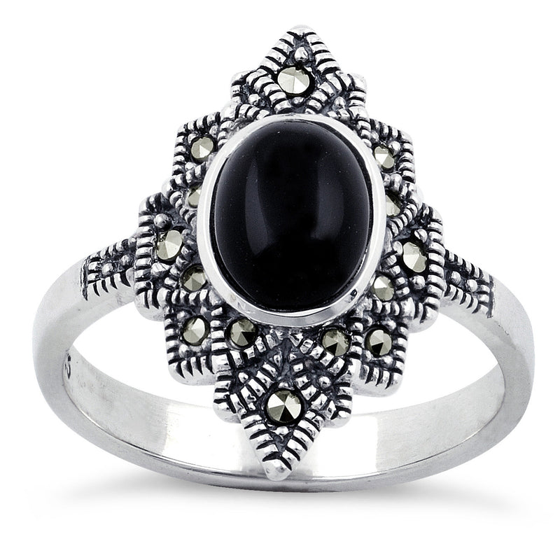 Sterling Silver Black Onyx Star Marcasite Ring