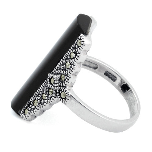 Sterling Silver Black Onyx Tall Marcasite Ring