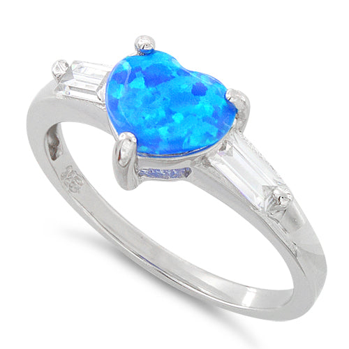 Sterling Silver Lab Opal Heart Baguette CZ Ring