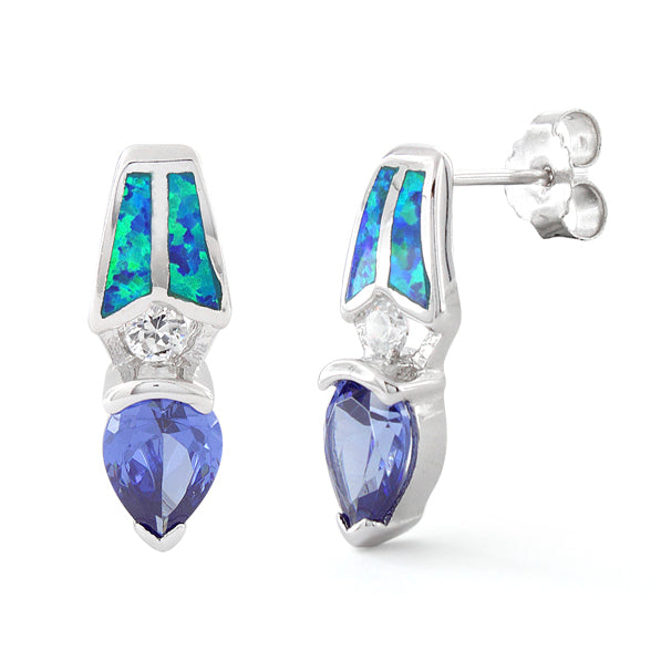 Sterling Silver Lab Opal Pear Tanzanite CZ Earrings