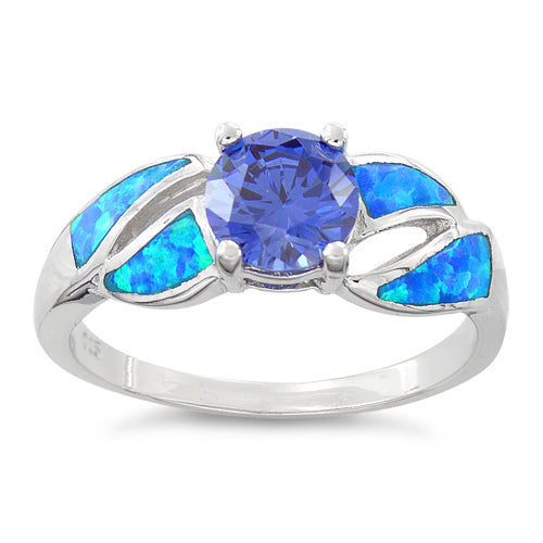 Sterling Silver Lab Opal Round Tanzanite CZ Ring