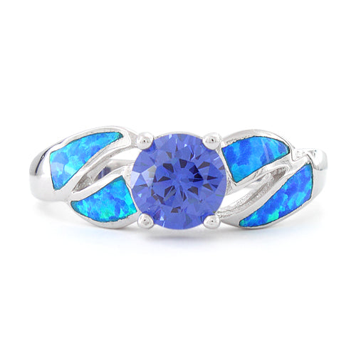 Sterling Silver Lab Opal Round Tanzanite CZ Ring