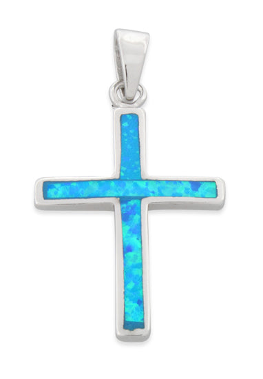 Sterling Silver Lab Opal Small Cross Pendant