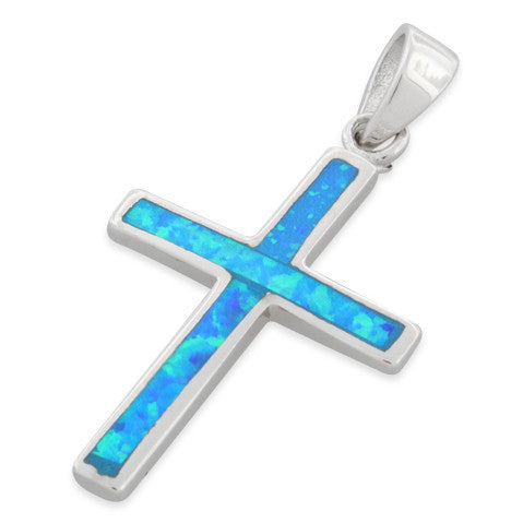 Sterling Silver Lab Opal Small Cross Pendant