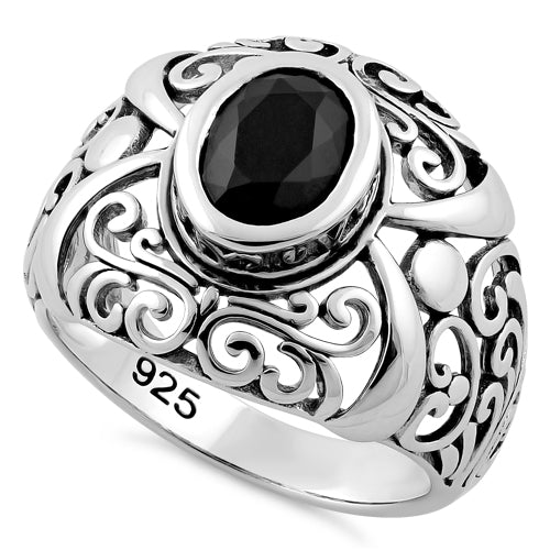 Sterling Silver Oriental Bali Black CZ Ring